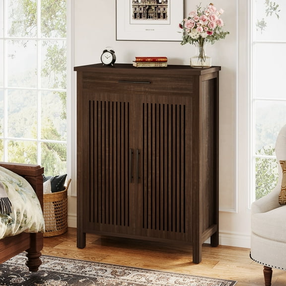 Finmind 5-Tier Shoe Cabinet with Drawer, Freestanding Wooden Shoe Cabinet with Louvered Doors and Adjustable Shelves, Black Walnut