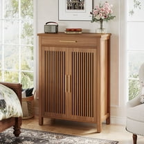 Finmind 5-Tier Shoe Cabinet with Drawer, Freestanding Wooden Shoe Cabinet with Louvered Doors and Adjustable Shelves, Brown