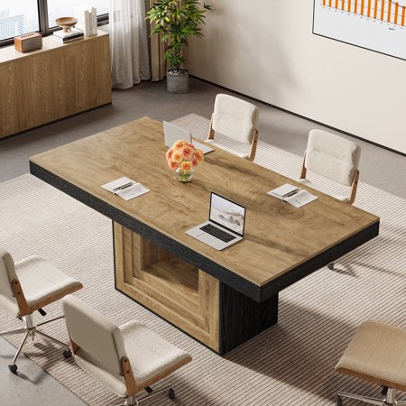 Finmind 5 ft Modern Conference Table, 62.99 Inch Meeting Table for 4-6 People, Large Rectangular Business Furniture with Sturdy Base for Office, Boardroom, Training Seminar, Brown + Black