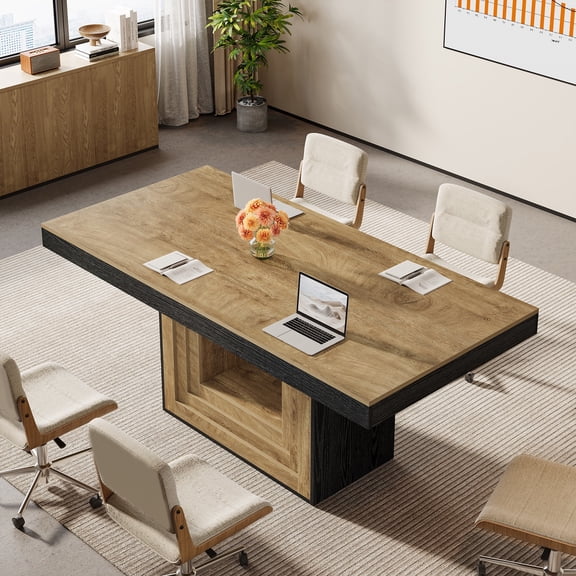 Finmind 5 ft Modern Conference Table, 62.99 Inch Meeting Table for 4-6 People, Large Rectangular Business Furniture with Sturdy Base for Office, Boardroom, Training Seminar, Brown + Black