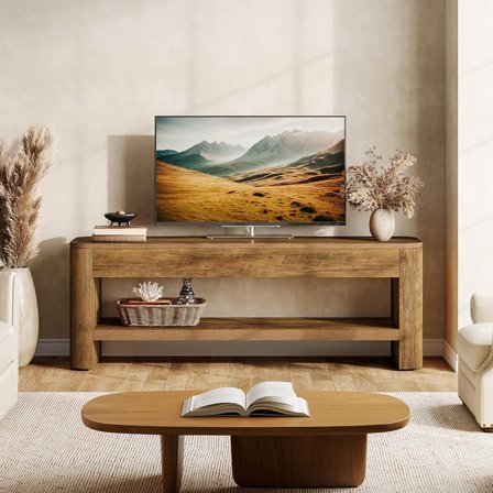 Finmind 53" Farmhouse TV Stand for Up to 55 Inch TV, Rustic Wood Entertainment Center with 2-Tier Open Shelves, Brown