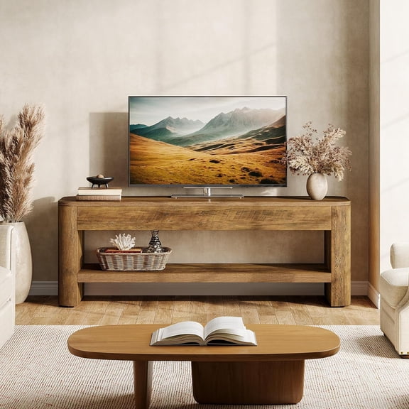 Finmind 53" Farmhouse TV Stand for Up to 55 Inch TV, Rustic Wood Entertainment Center with 2-Tier Open Shelves, Brown