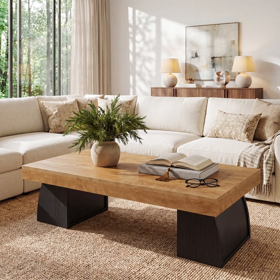 Finmind 55.1" Coffee Table, Rectangular Farmhouse Center Table with Curved Base for Living Room, Brown & Black