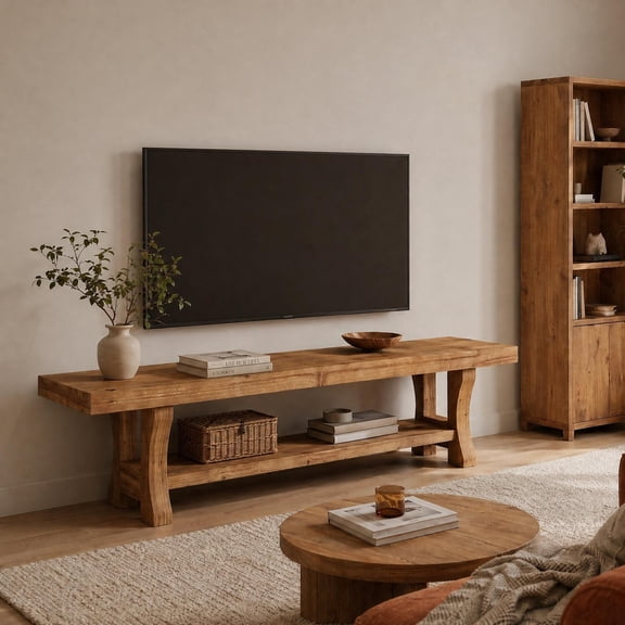 Finmind 55.1" Solid Wood TV Stand for TVs up to 70", 2-Tier Open Media Console with Rustic Brown Finish for Living Room, Bedroom