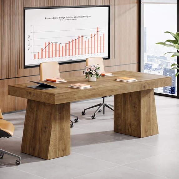 Finmind 55.1" W Conference Table for 4-6 People, Modern Meeting Table with Thick Tabletop and Double Trapezoidal Legs, Small Wood Seminar Desk Office Furniture for Conference Room, Light Brown