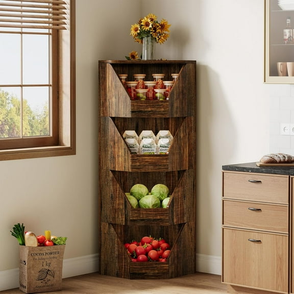 Finmind 55.12" H Fruit and Vegetable Storage Rack, 4-Tier Wood Storage Basket Stand, Freestanding Open Corner Vegetable Fruit Shelves for Kitchen, Living Room, Office, Store, Supemarket
