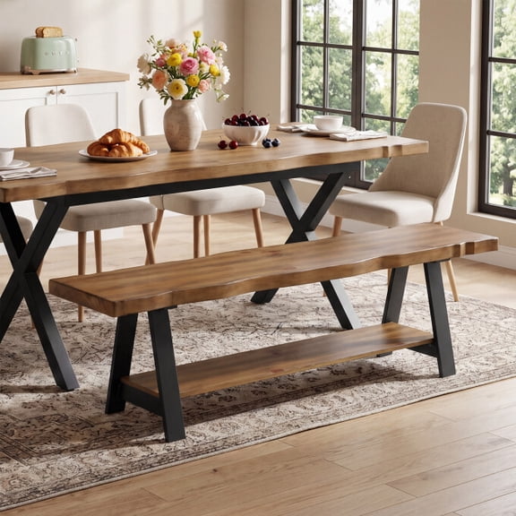 Finmind 55.12" Live Edge Solid Wood Dining Bench with Storage Shelf & Metal Legs, Easy Assembly