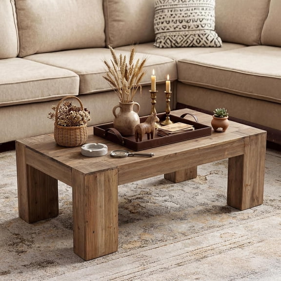 Finmind 55.12" Solid Wood Coffee Table, Modern Farmhouse Rectangle Center Table with Heavy-Duty Legs, Brown