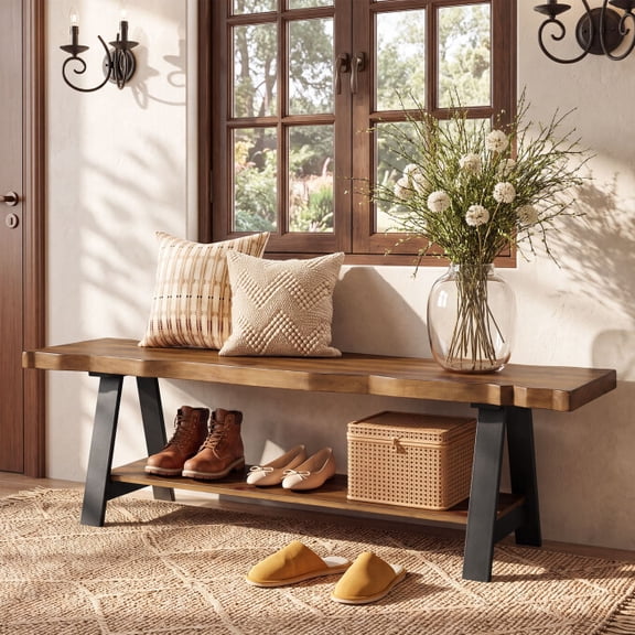 Finmind 55.12" Solid Wood Entryway Bench with Live Edge Thick Top & Storage Shelf, Easy Assembly
