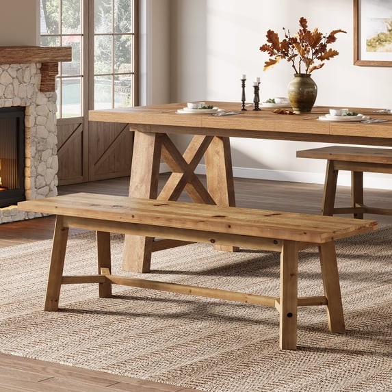 Finmind 55.12-inch Solid Wood Dining Bench, Farmhouse Long Kitchen Bench with Strengthened Legs for Dining Room, Kitchen, Living Room, Brown