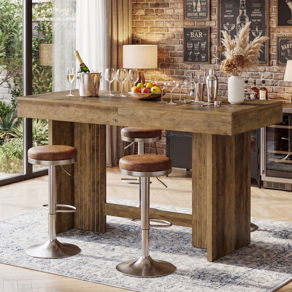 Finmind 55" Bar Table, Farmhouse Wooden Counter Height Pub Table with Large Worktop & Leg Room, High Top Bar Unit for Kitchen, Bistro, Rustic Brown