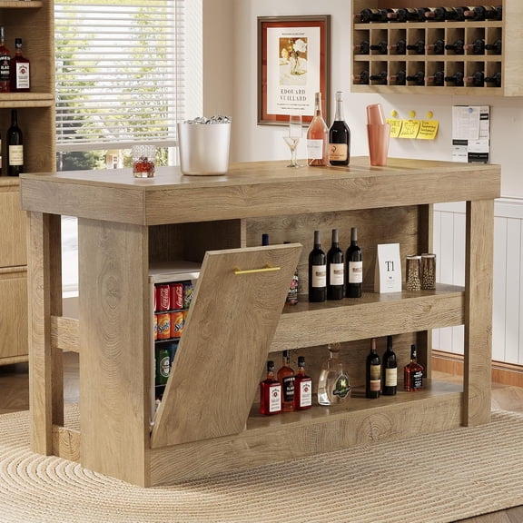 Finmind 55" Bar Table with Hidden Storage Cabinet, Farmhouse Home Bar Counter with Open Shelves