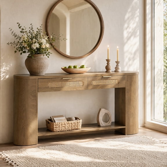 Finmind 55" Console Table with 2 Rattan Drawers & Open Shelves, Curved Legs