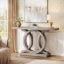 Finmind 55" Console Table with Geometric Wood Base, Modern Entryway Table, Gray