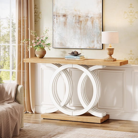 Finmind 55" Console Table with Geometric Wood Base, Modern Entryway Table, White