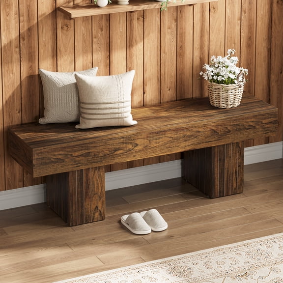 Finmind 55" Entryway Bench, Farmhouse Dining Bench with Broad Legs for Bedroom, Kitchen, Hallway, Rustic Brown