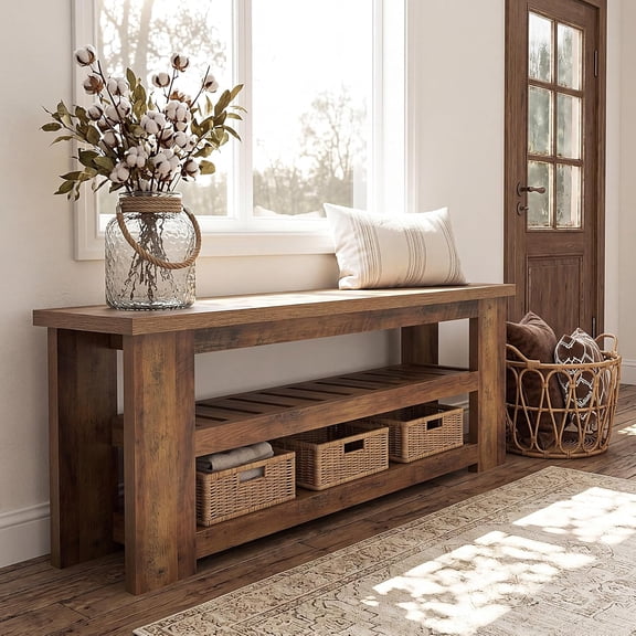 Finmind 55" Entryway Bench, Farmhouse Wood Shoe Bench with 2-Tier Storage Shelves, Rustic Brown