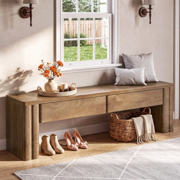 Finmind 55" Entryway Bench with 2 Hidden Drawers, Modern Farmhouse Storage Bench