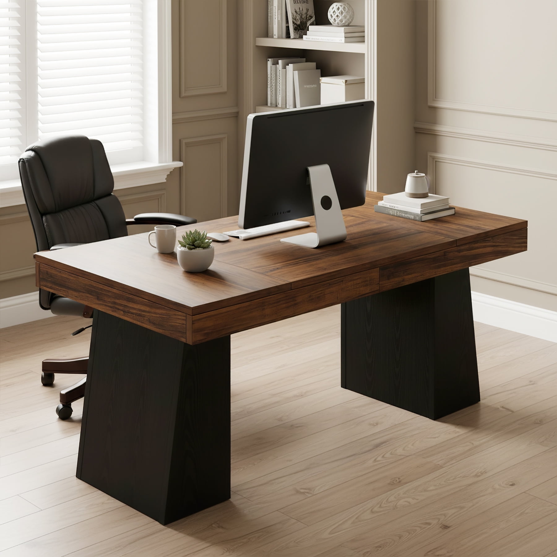 Finmind 55" Executive Desk, Mid-Century Modern Wood Office Desk, Black & Brown