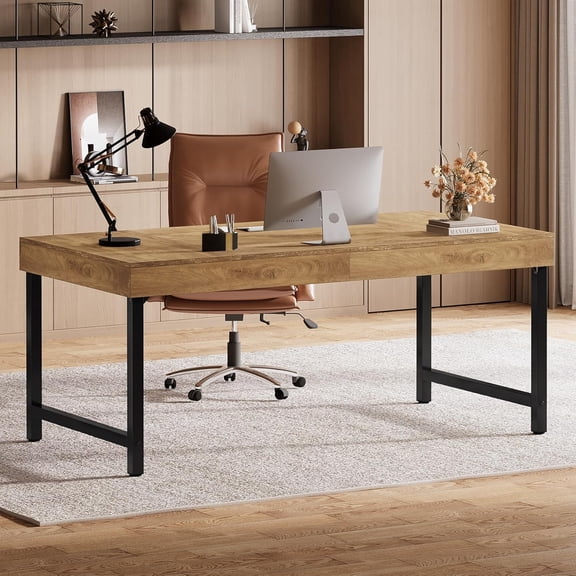 Finmind 55" Executive Desk with Metal Legs, Rustic Home Office Computer Desk, Writing Table, Brown