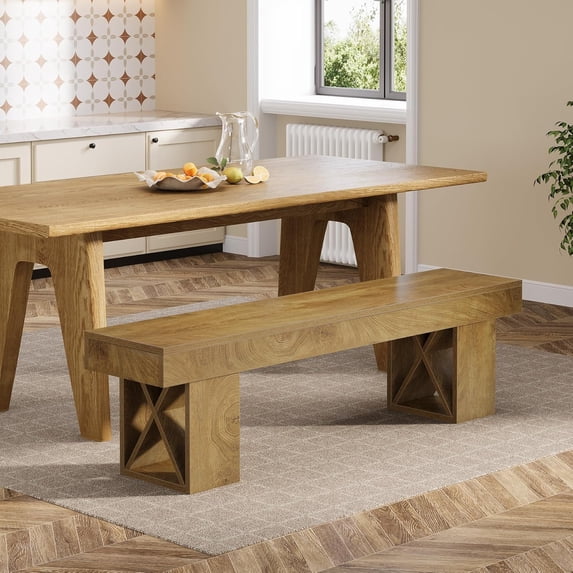 Finmind 55" Extra Long Dining Bench, Farmhouse Wooden Entryway Bench for Dining Room, Bedroom & Hallway, Brown