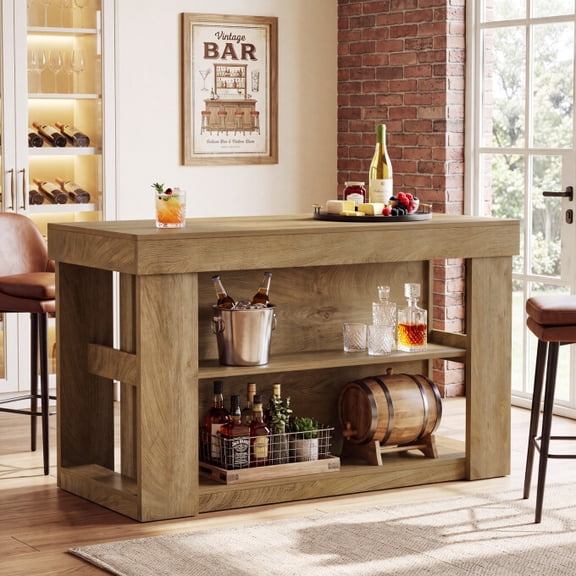 Finmind 55" Farmhouse Bar Table with 2 Storage Shelves, Wooden Counter Height Pub Table