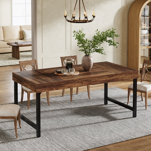 Finmind 55" Farmhouse Dining Table for 4-6, Industrial Rectangular Kitchen Table with Heavy-Duty Metal Legs, Walnut