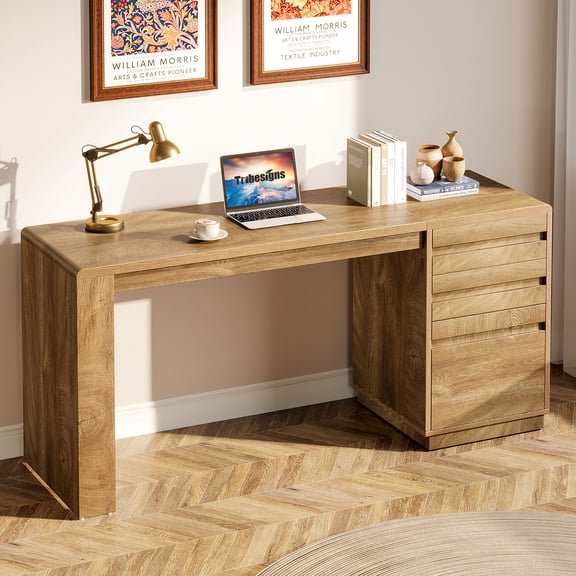 Finmind 55-Inch Computer Desk with 3 Drawers, Farmhouse Home Office Desk with Adjustable File Cabinet, Study Table Office Workstation, Walnut Brown