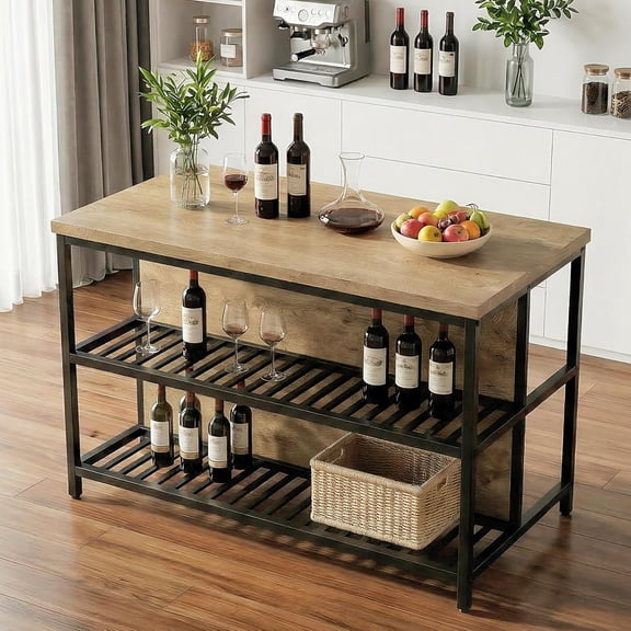 Finmind 55-Inch Kitchen Island Table with Storage, Farmhouse 3-Tier Stationary Center Island Table with Metal Base, Rustic Brown