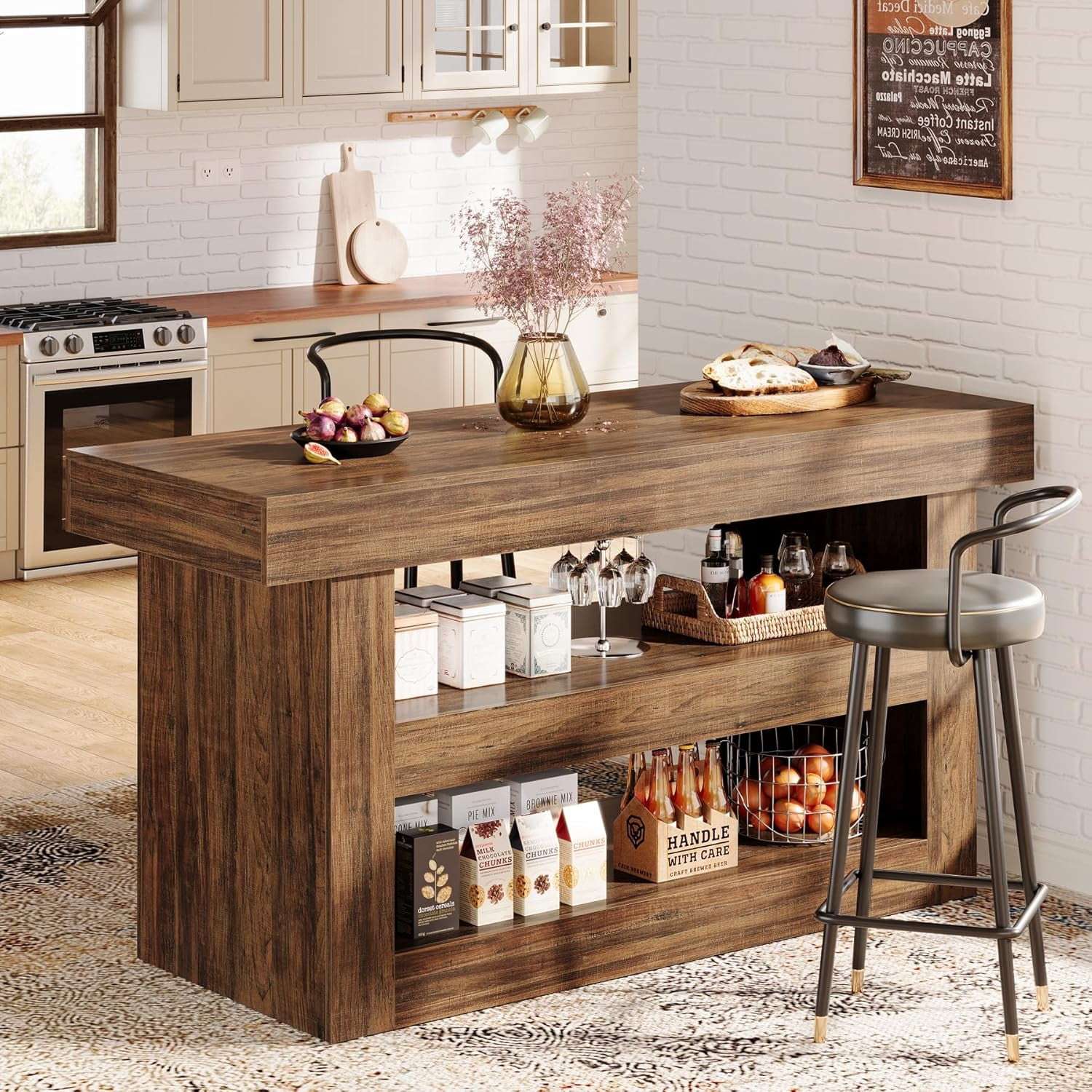 Finmind 55-Inch Kitchen Island with Large Countertop, Wooden Coffee Bar Table for Kitchen, Dining Room, Living Room, Brown