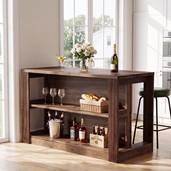 Finmind 55-Inch Solid Wood Home Bar Table, Farmhouse Counter Height Pub Table with 2-Tier Open Shelves