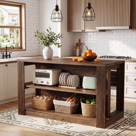Finmind 55-Inch Solid Wood Kitchen Island with Storage, Farmhouse Island Table with 2-Tier Open Shelves