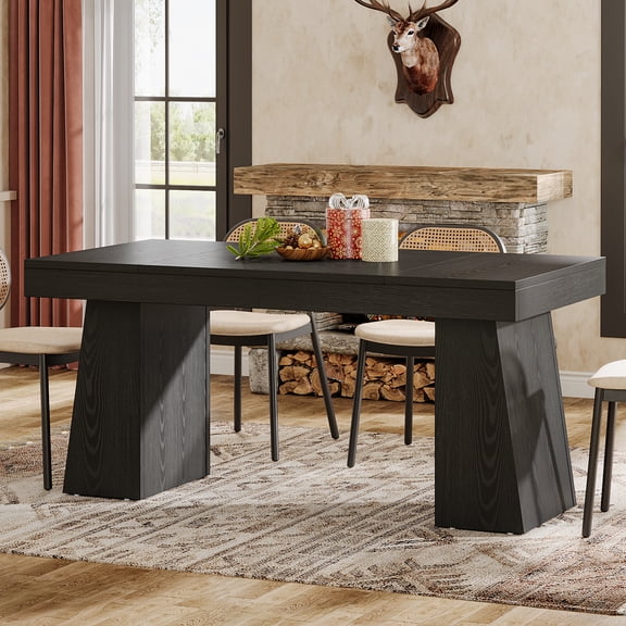Finmind 55“ Kitchen Dinner Table for 4, Rectangular Wood Dining Table, Mid-Century Modern Dining Room Table with Double Pedestal for Dining Room, Kitchen, Black