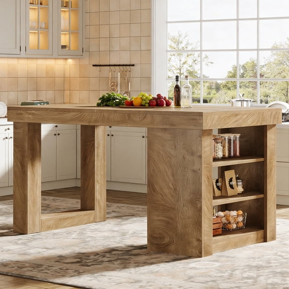 Finmind 55" Kitchen Island with Storage Shelf, Farmhouse Prep Table with Large Leg Room, Kitchen Furniture for Meal Prep, Dining & Entertaining, Natural Wood