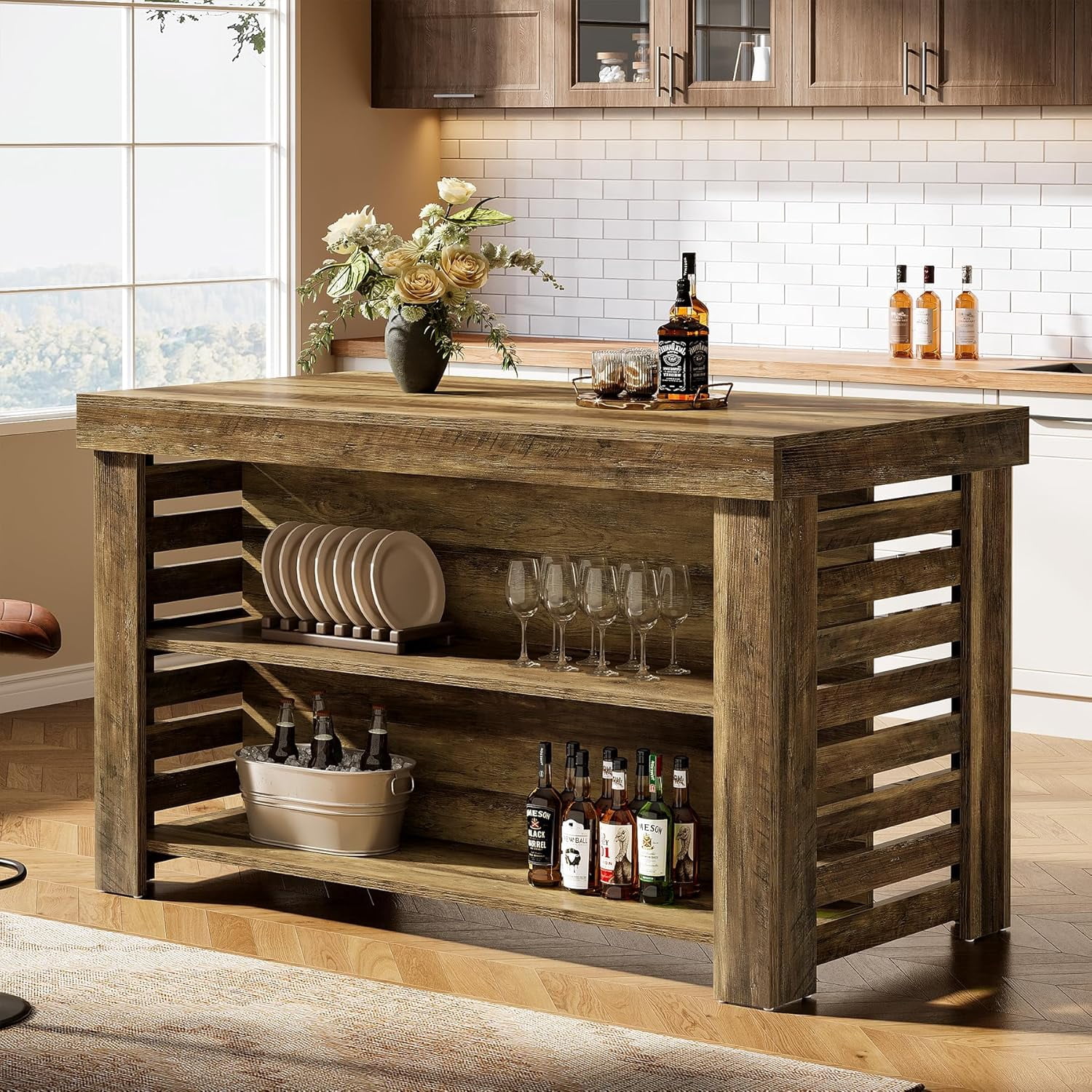 Finmind 55" Kitchen Island with Seating and Storage, 3-Tier Farmhouse Wood Coffee Bar Table for Kitchen, Dark Brown