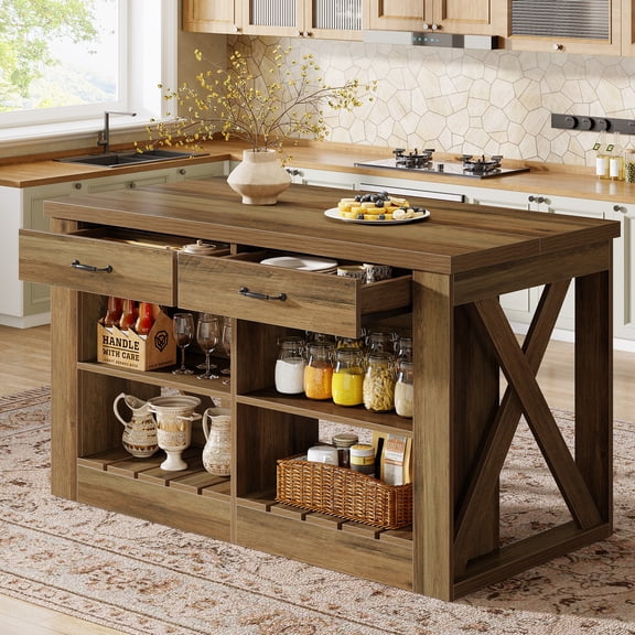 Finmind 55" Kitchen Island with Storage Drawers & Shelves, Farmhouse Large Island Table for Kitchen, Dining Room, Brown