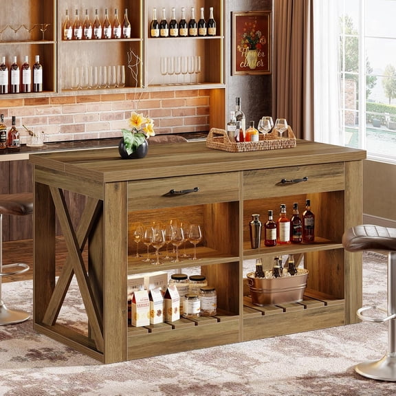 Finmind 55" Kitchen Island with Storage, Farmhouse Stationary Island Table with Seating Area, 2 Drawers & Open Shelf, Wooden Kitchen Bar Table, Brown