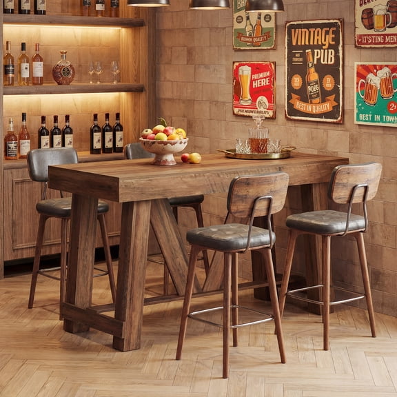 Finmind 55" Long Bar Table with Footrest, Farmhouse Counter Height Pub Table, Rectangle Home Bar Unit for Bistro, Cafes, Basement, Rustic Brown