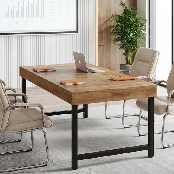 Finmind 55" Small Conference Table, Industrial Meeting Table with Metal Frame for Office, Seminar, Business, Brown