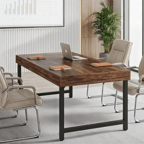 Finmind 55" Small Conference Table, Industrial Meeting Table with Metal Frame for Office, Seminar, Business, Walnut