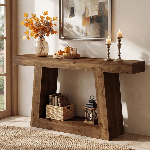 Finmind 55" Solid Wood Console Table, 2-Tier Farmhouse Narrow Long Sofa Table Behind Couch, Rustic Brown