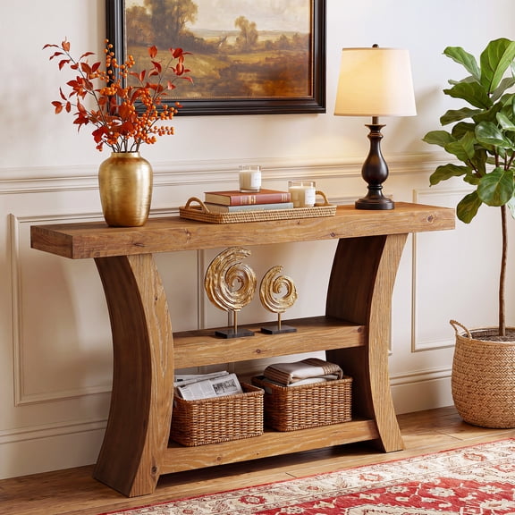 Finmind 55" Solid Wood Console Table with Storage, 3-Tier Rustic Entryway Sofa Table Behind Couch for Living Room, Brown