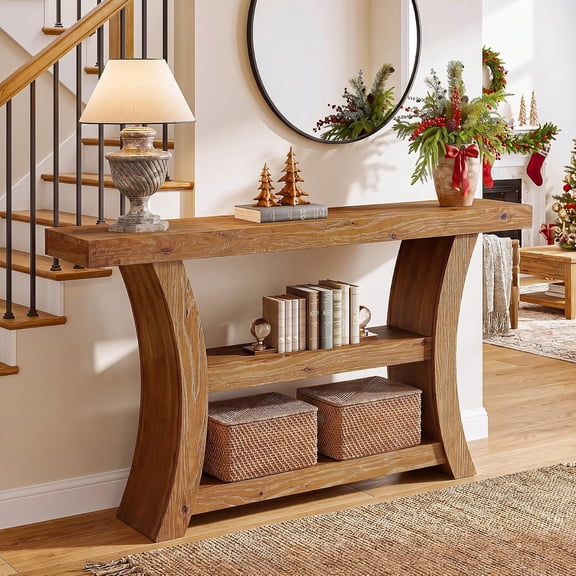 Finmind 55" Solid Wood Console Table with Storage, 3-Tier Rustic Entryway Sofa Table, Brown