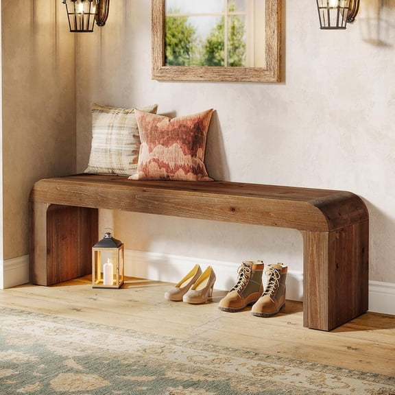 Finmind 55" Solid Wood Dining Bench, Farmhouse Entryway Bench with Thick Block Seat, Indoor Wood Bench for Dining Table, End of Bed, Hallway, Living Room