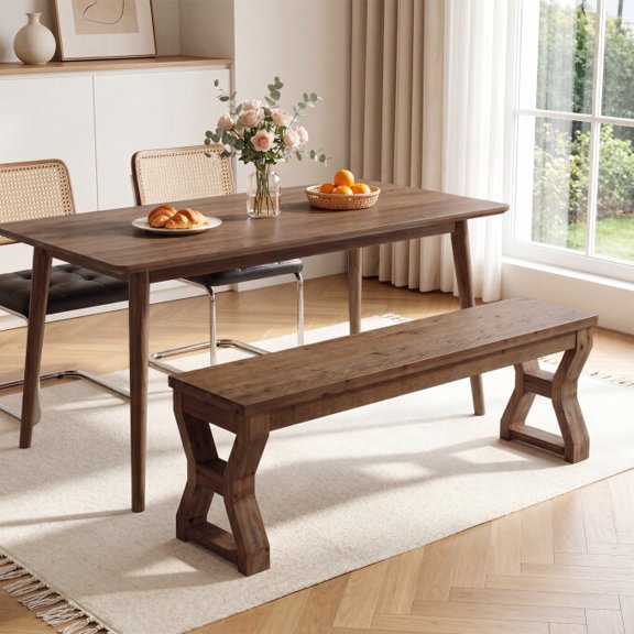Finmind 55" Solid Wood Dining Bench with X-Leg Base, Farmhouse Kitchen Bench for 2-4