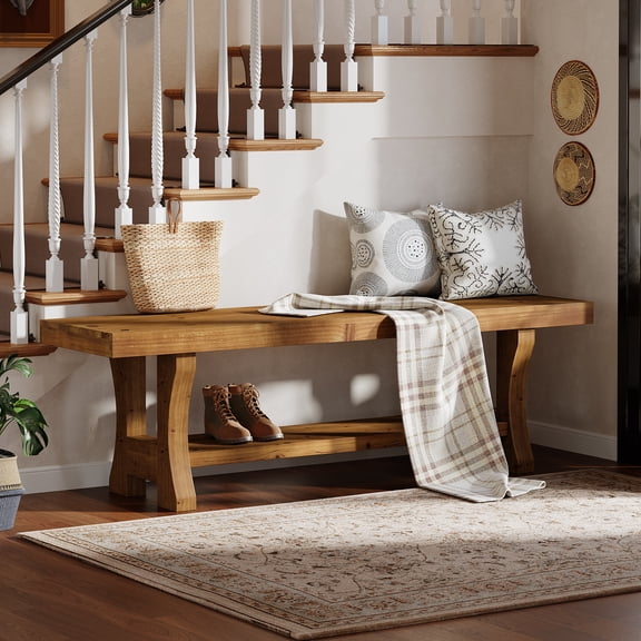 Finmind 55" Solid Wood Entryway Bench, 2‑in‑1 Seating & Storage, Long End of Bed Bench for Hallway, Bedroom, Dining Room, Brown