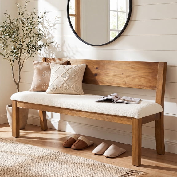 Finmind 55" Solid Wood Entryway Bench with Backrest & Cushion, Farmhouse Upholstered Storage Bench for Dining Room, Hallway, Bedroom, Sherpa White & Brown