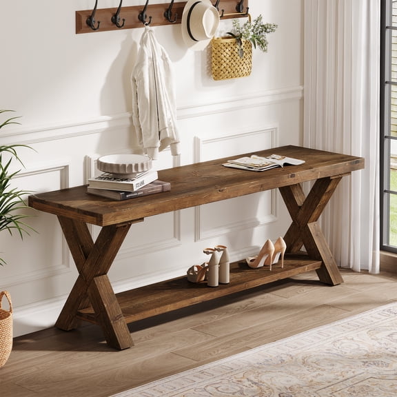 Finmind 55" Solid Wood Entryway Bench, Narrow Wooden End of Bed Bench for Entry for Entry, Brown