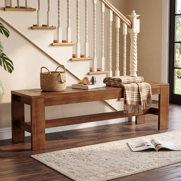 Finmind 55" Solid Wood Entryway Bench, Narrow Wooden End of Bed Bench for Entry for Entry, Brown