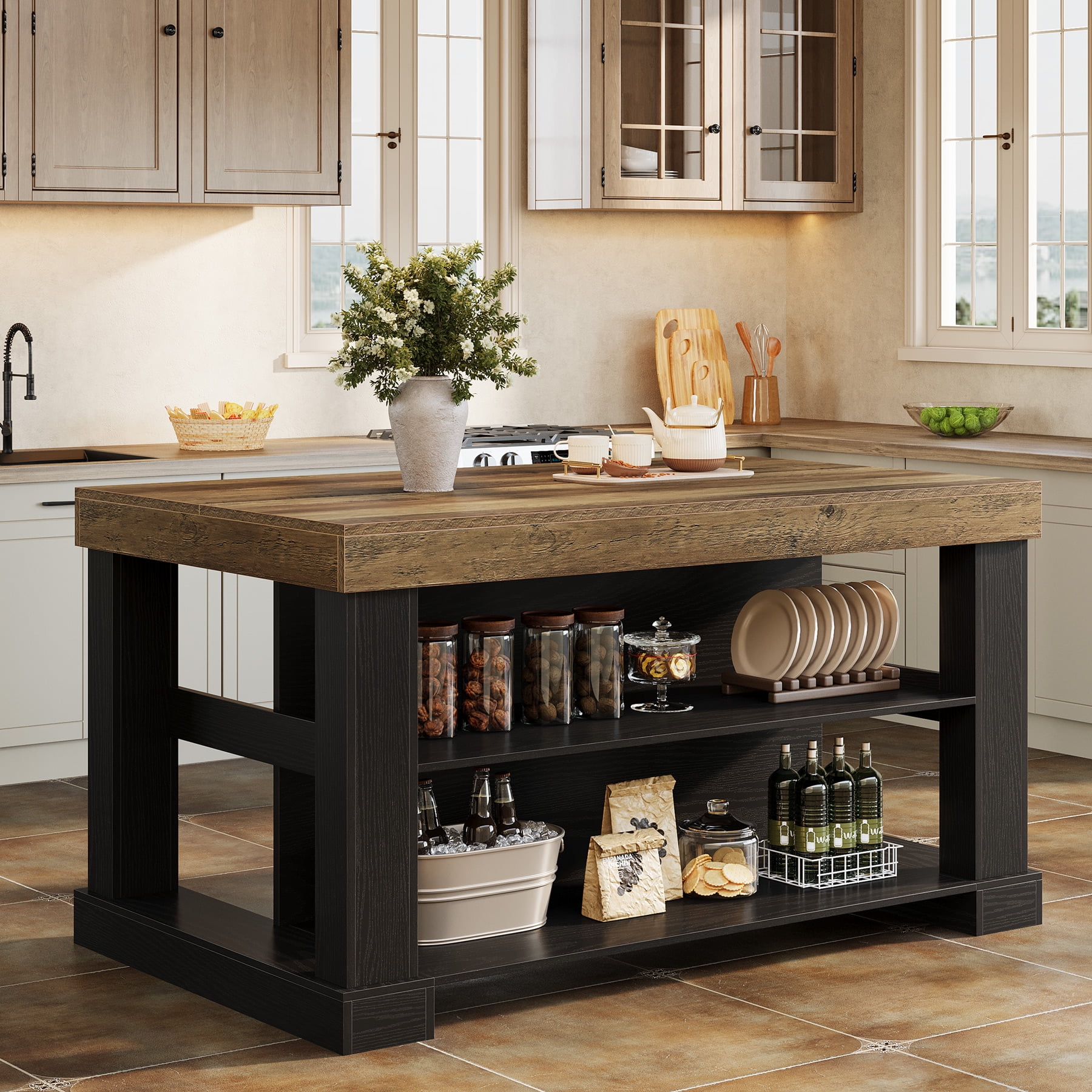 Finmind 55-inch Kitchen Island with 3 Storage Shelves, Large Farmhouse Kitchen Shelf with Spacious Worktop, Brown and Black (Easy to Assemble)